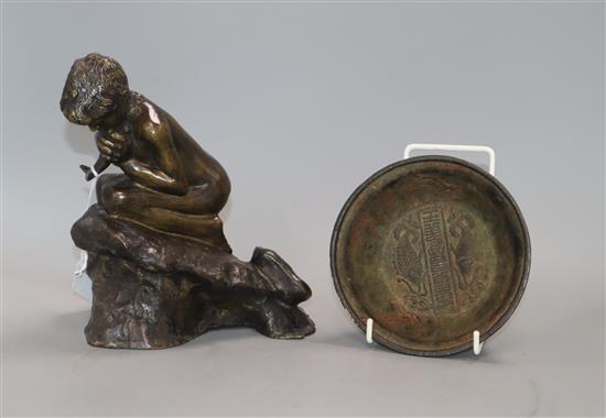 A bronze boy and a Chinese iron bowl bowl height 19cm